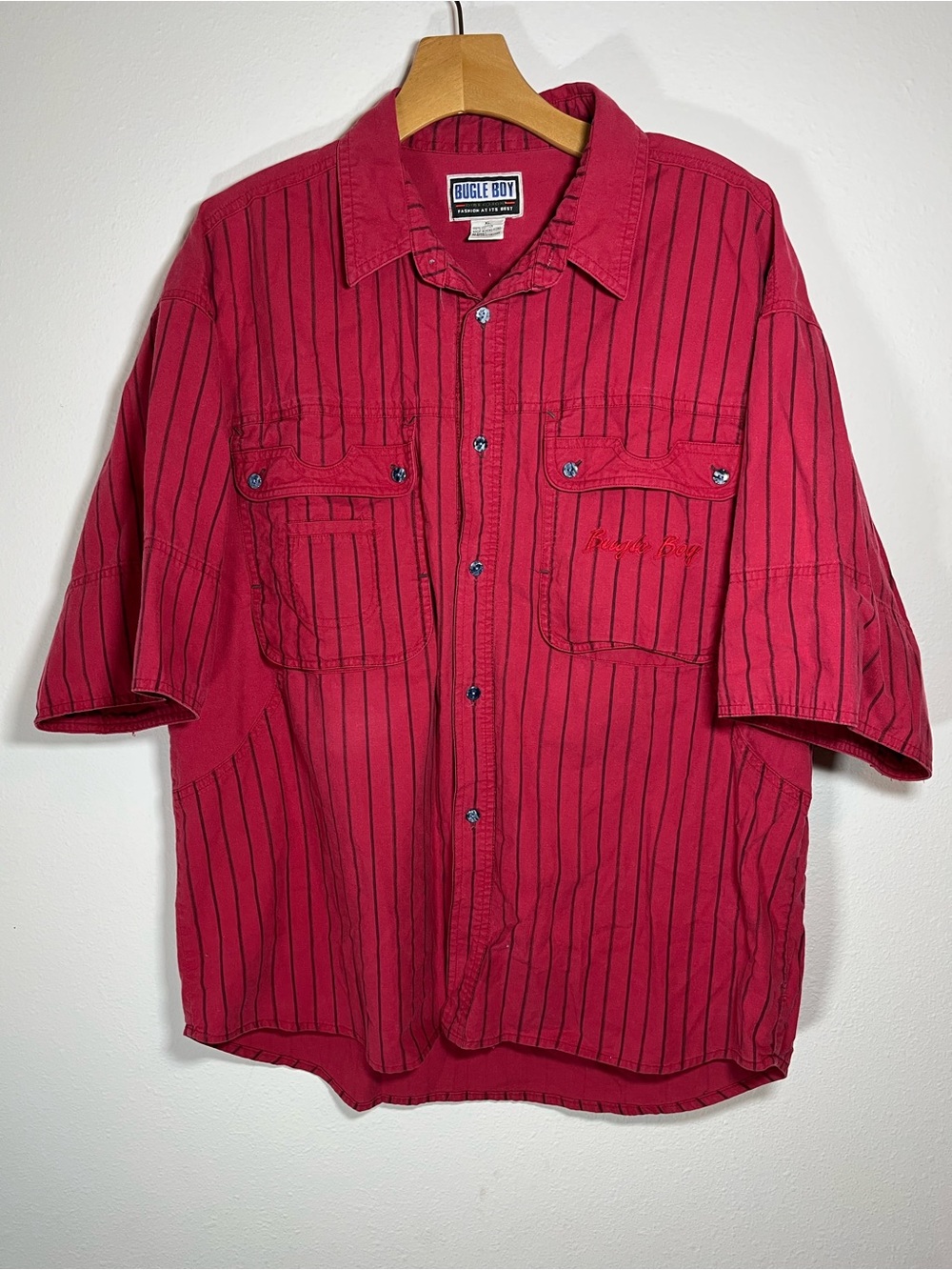 Bugle Boy Pink-Red Striped Short Sleeve Button-Up Shirt